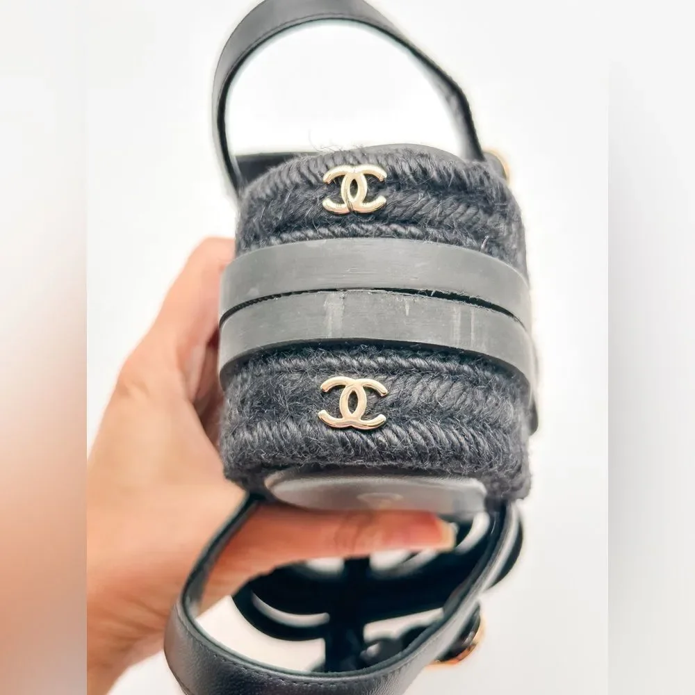 CHANEL 2024 CC Logo Black Leather Fisherman Rope Sole Dad Sandals Flats EU 37